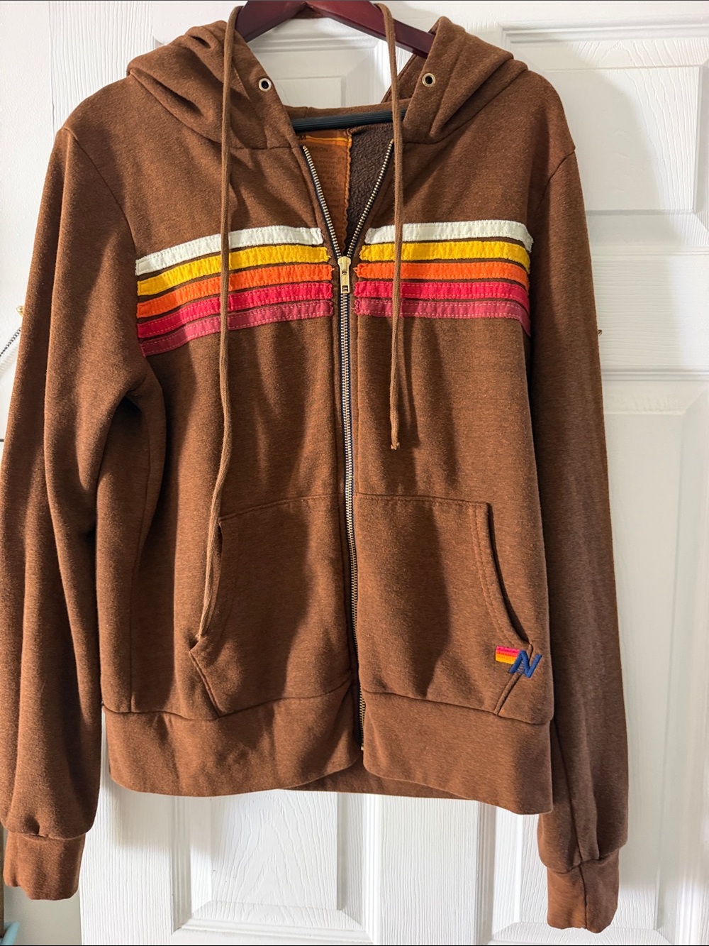 Aviator Nation Brown Zip Hoodie with Retro Rainbow Stripe